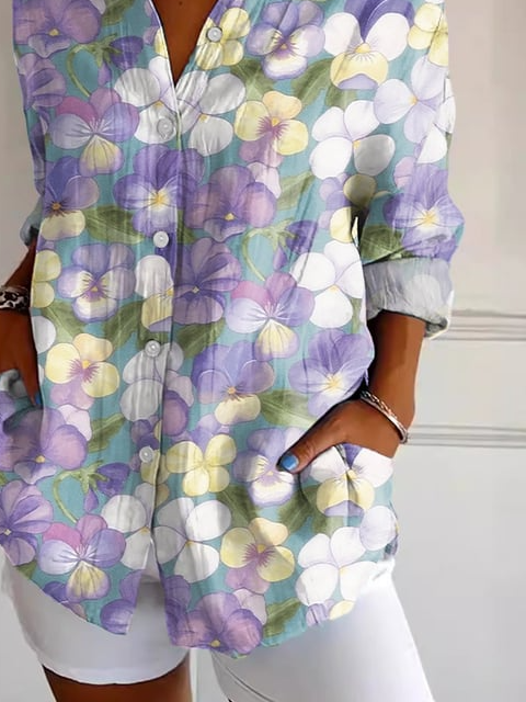 Women's Art Purple Pansy Floral Print Shirt