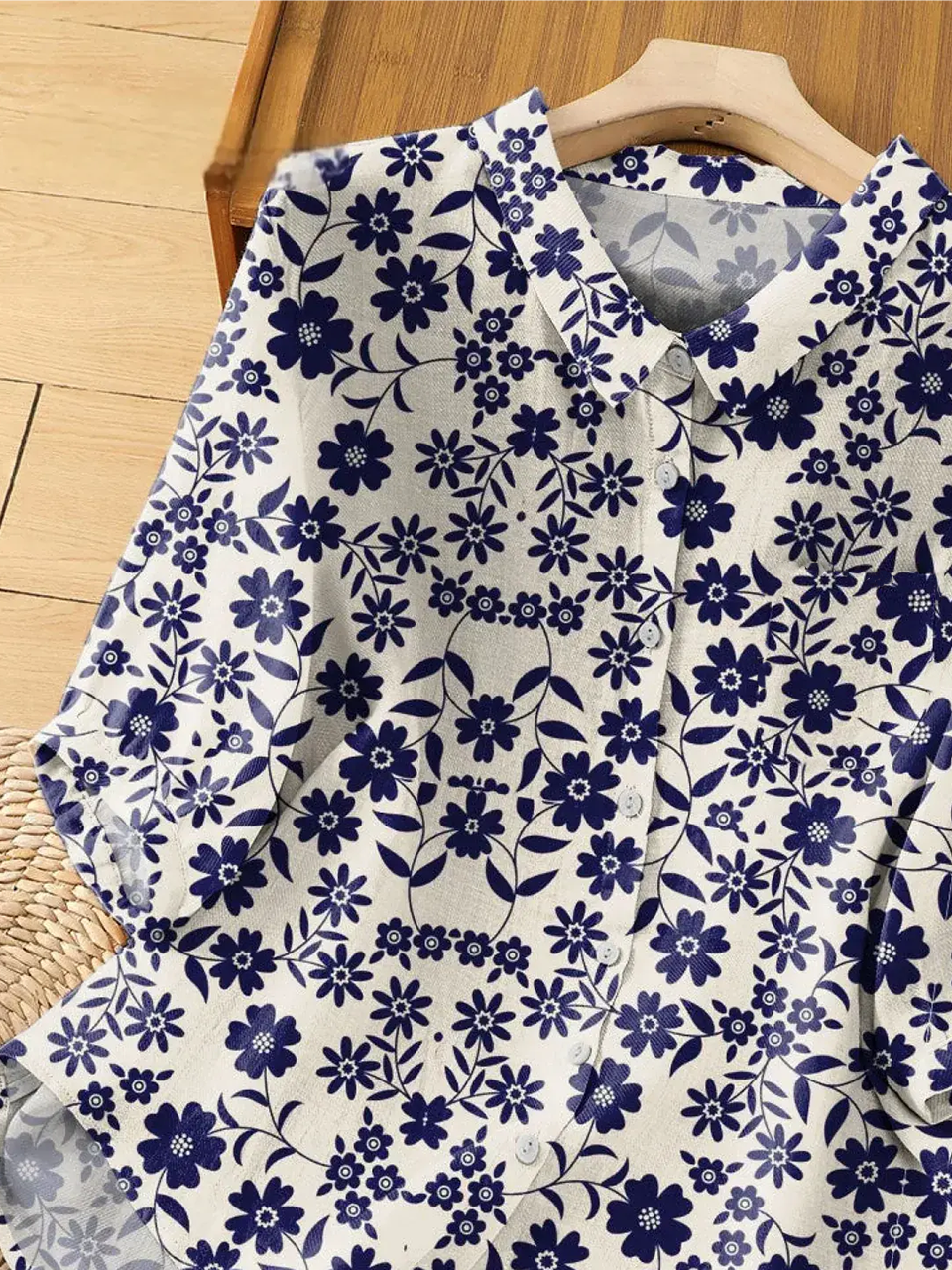 Women's Vintage Flower Art Print Casual Short Sleeve Shirt