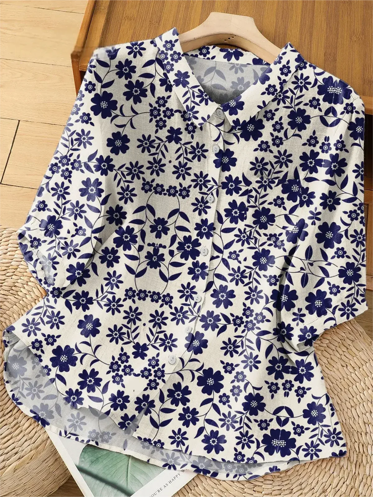 Women's Vintage Flower Art Print Casual Short Sleeve Shirt