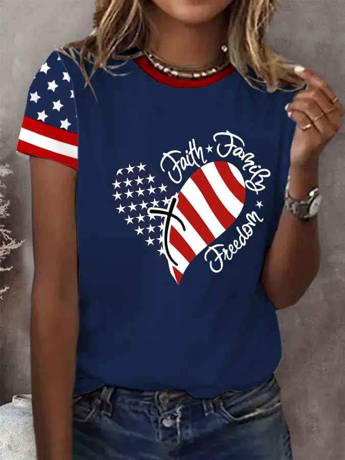 Women's Independence Day Love Faith Family Freedom Print Short Sleeve T-Shirt