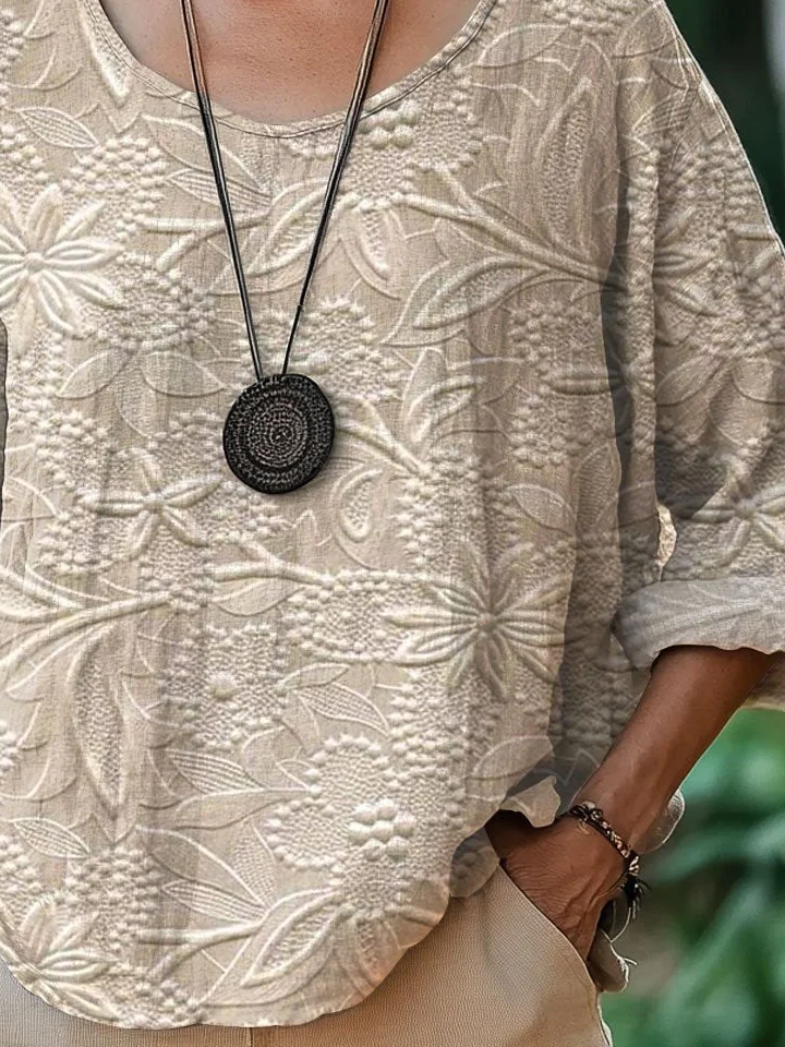 Women's Three Quarter Sleeve T-shirt Spring/Fall Khaki Floral Printing Crew Neck Daily Going Out Casual Top