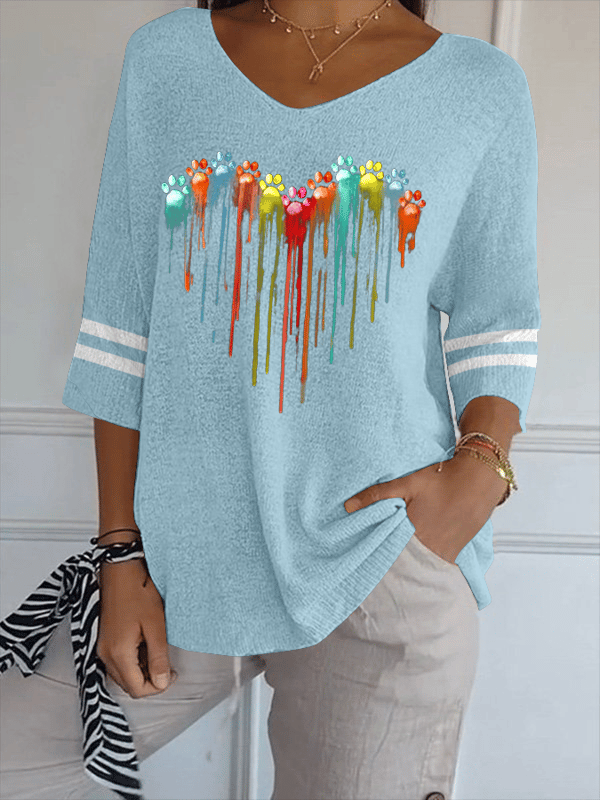 Women‘s Love Colorful Dog Paw Printed Casual V-Neck