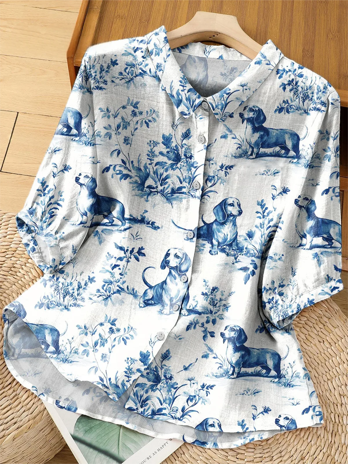 Women's Vintage Dog Dachshund Floral Art Print Casual Short Sleeve Shirt