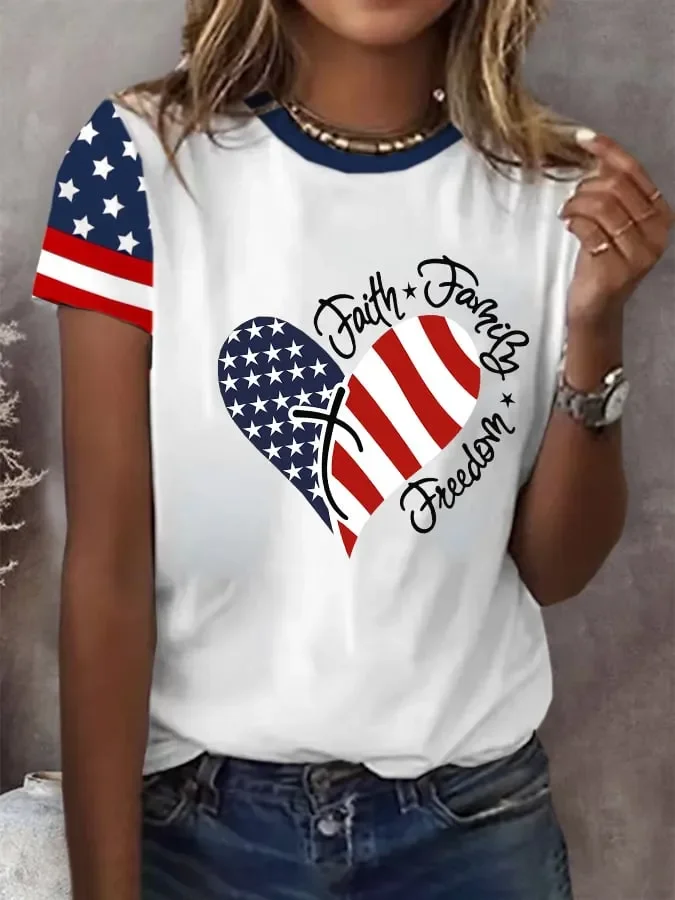 Women's Independence Day Love Faith Family Freedom Print Short Sleeve T-Shirt