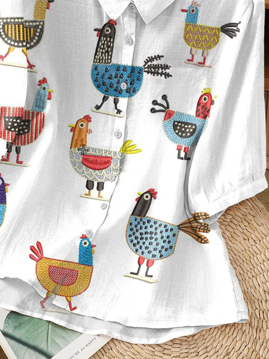 Women's Funny Chick Art Print Casual Short Sleeve Cotton And Linen Shirt