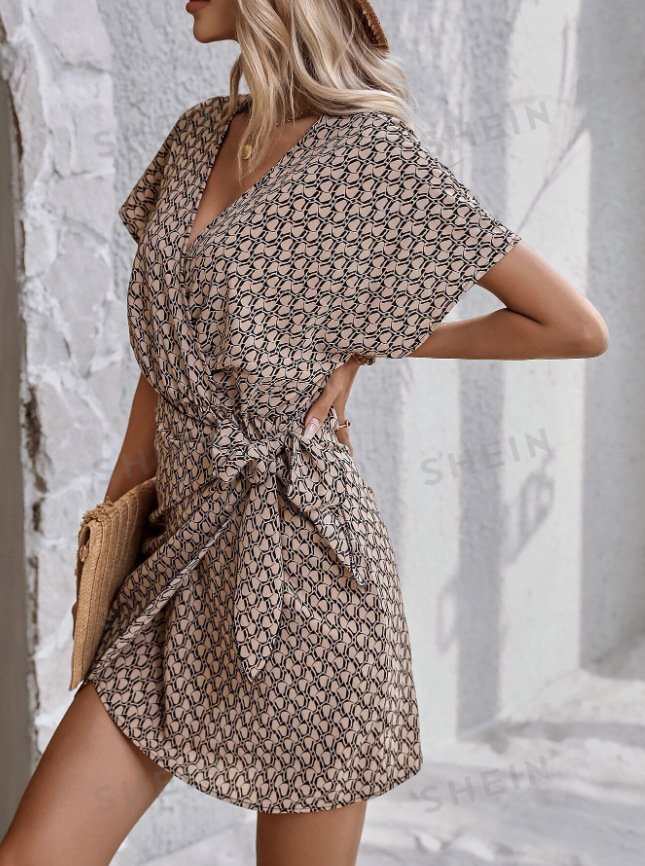 Women's Short Sleeve Summer Khaki Geometric Split Joint V Neck Dolman Sleeve Daily Going Out Vintage Midi A-Line Tank Dress