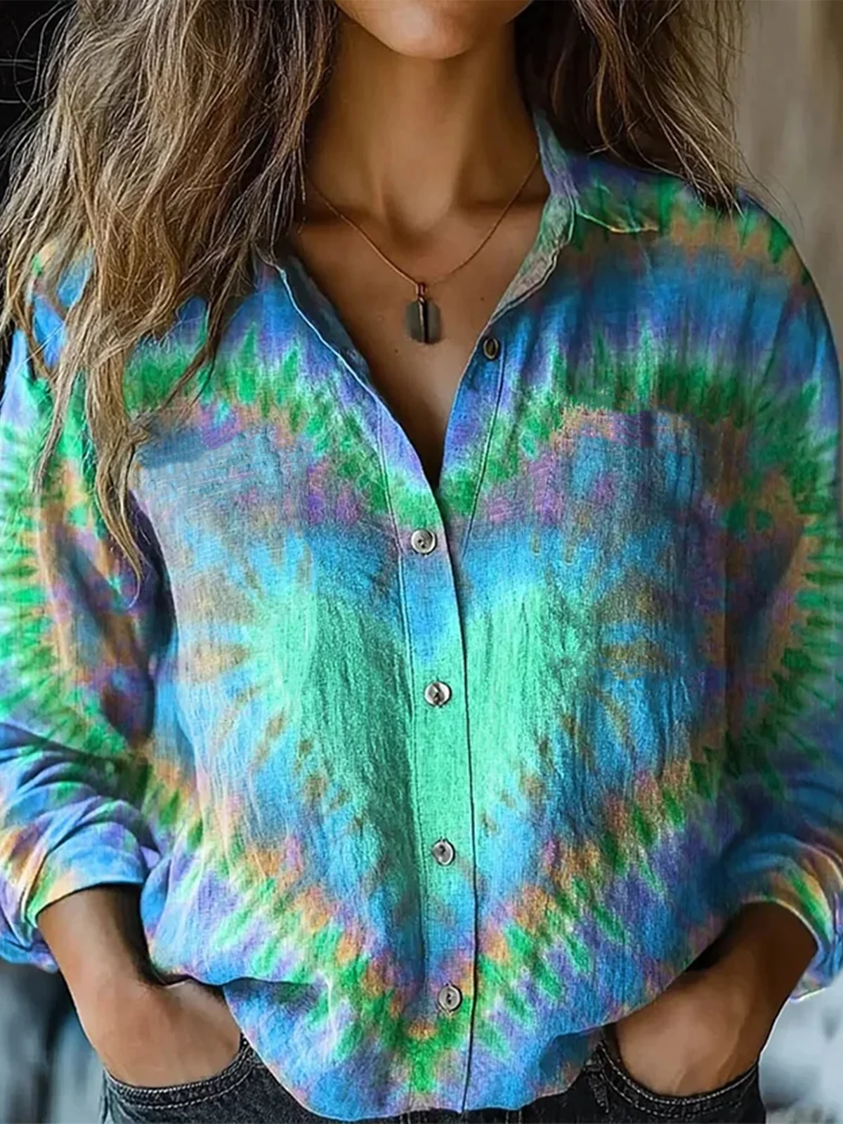 Women's Retro Colorful Heart Tie-dye Print Shirt