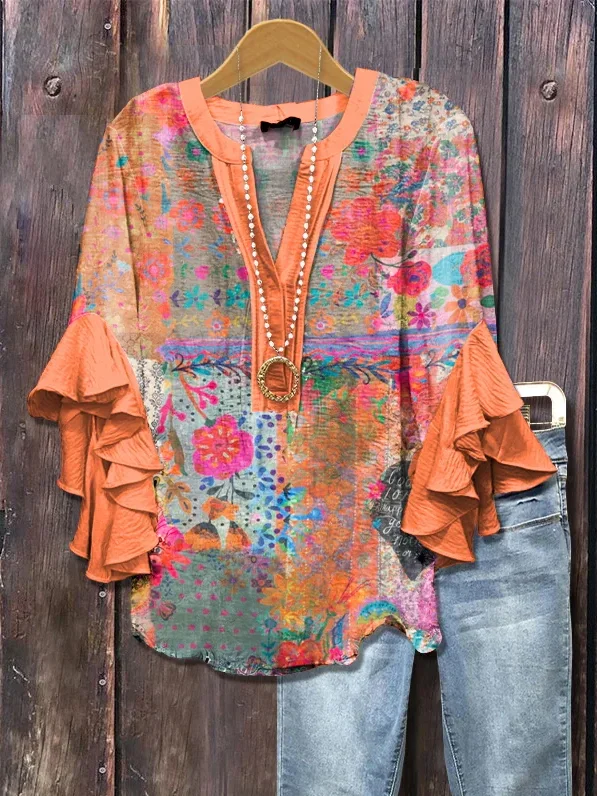 Women's Half Sleeve Shirt Summer Orange Floral Printing V Neck Daily Going Out Casual Top