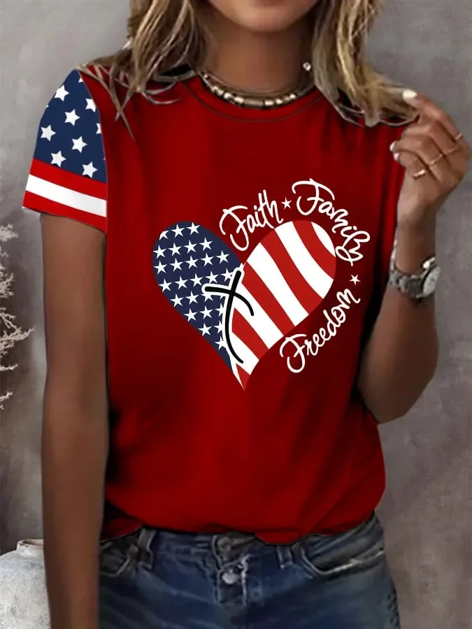 Women's Independence Day Love Faith Family Freedom Print Short Sleeve T-Shirt