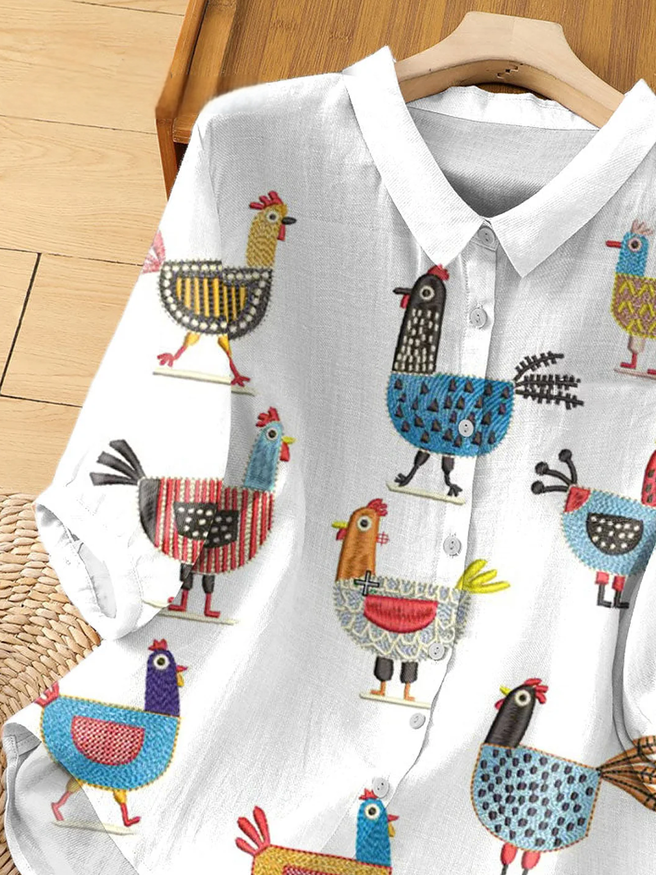 Women's Funny Chick Art Print Casual Short Sleeve Cotton And Linen Shirt