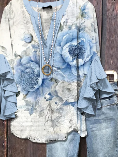Women's Half Sleeve Shirt Summer Blue Floral Printing V Neck Daily Going Out Casual Top