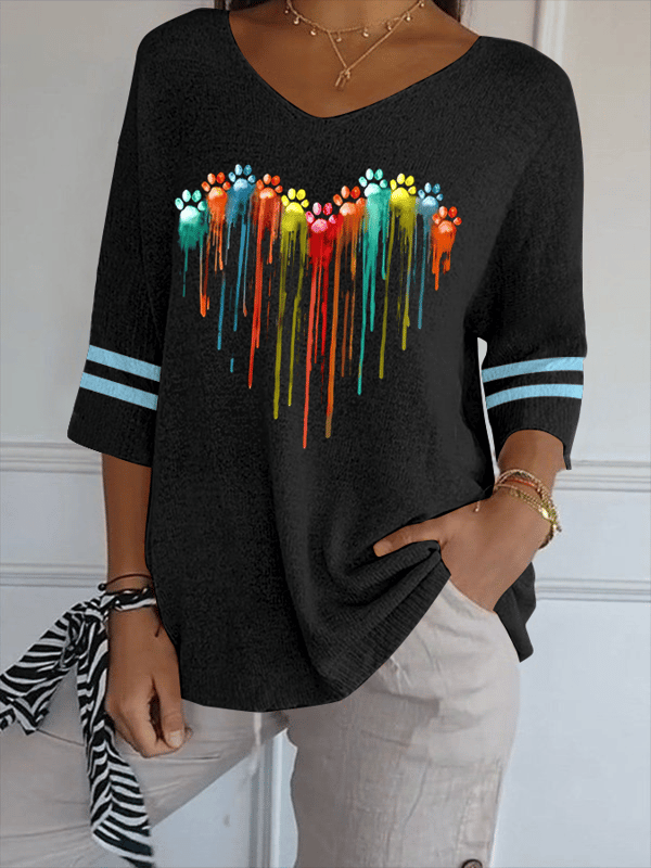 Women‘s Love Colorful Dog Paw Printed Casual V-Neck