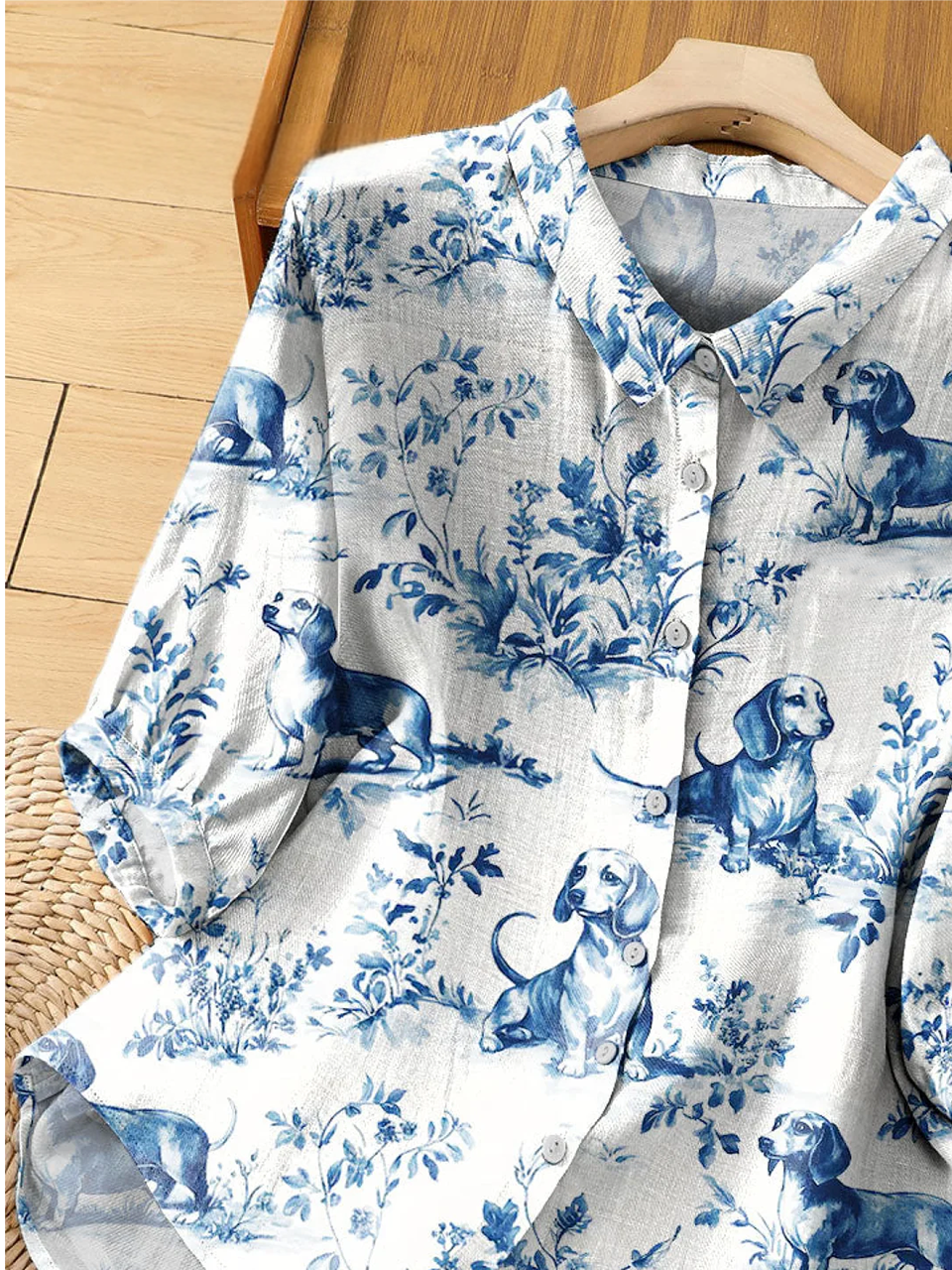 Women's Vintage Dog Dachshund Floral Art Print Casual Short Sleeve Shirt