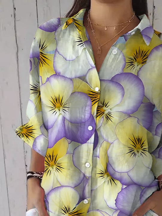Purple Plant Floral Elegant Imitation Cotton Linen Shirt Top