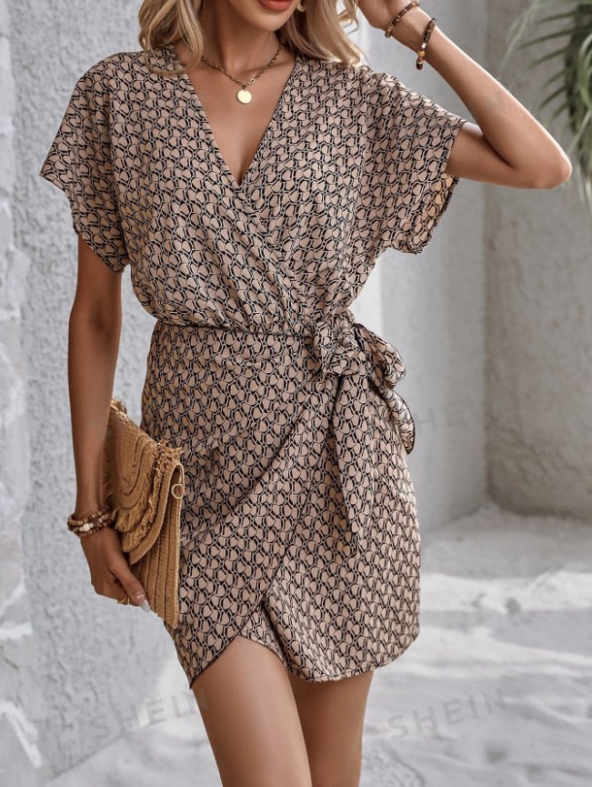 Women's Short Sleeve Summer Khaki Geometric Split Joint V Neck Dolman Sleeve Daily Going Out Vintage Midi A-Line Tank Dress