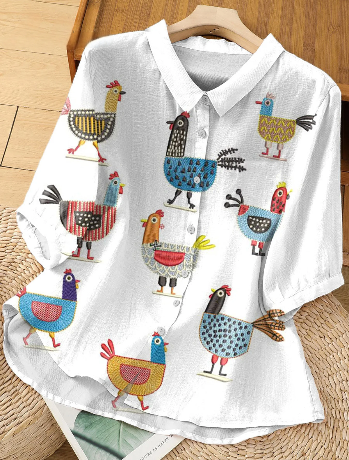 Women's Funny Chick Art Print Casual Short Sleeve Cotton And Linen Shirt