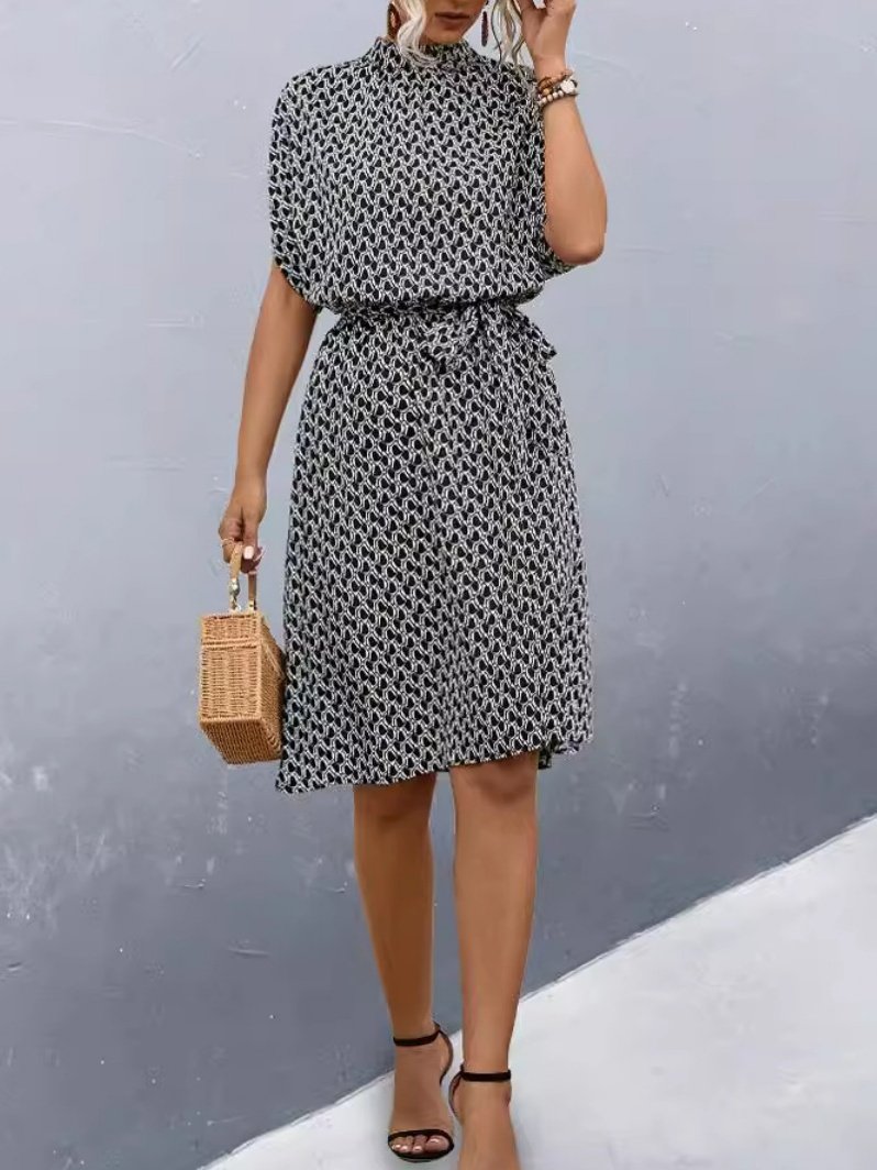 Women's Short Sleeve Summer Brown Geometric Split Joint Crew Neck Daily Going Out Vintage Midi A-Line Tunic Dress