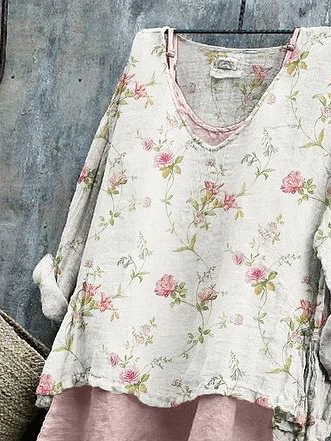 Women's Long Sleeve Blouse Spring/Fall Apricot Floral Printing V Neck Daily Going Out Casual Top