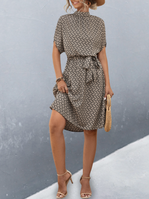 Women's Short Sleeve Summer Brown Geometric Split Joint Crew Neck Daily Going Out Vintage Midi A-Line Tunic Dress