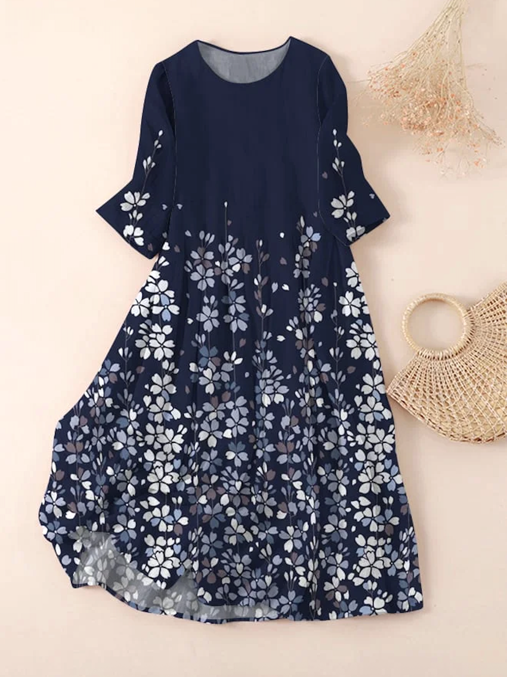 Regular Fit Crew Neck Floral Casual Dress With No