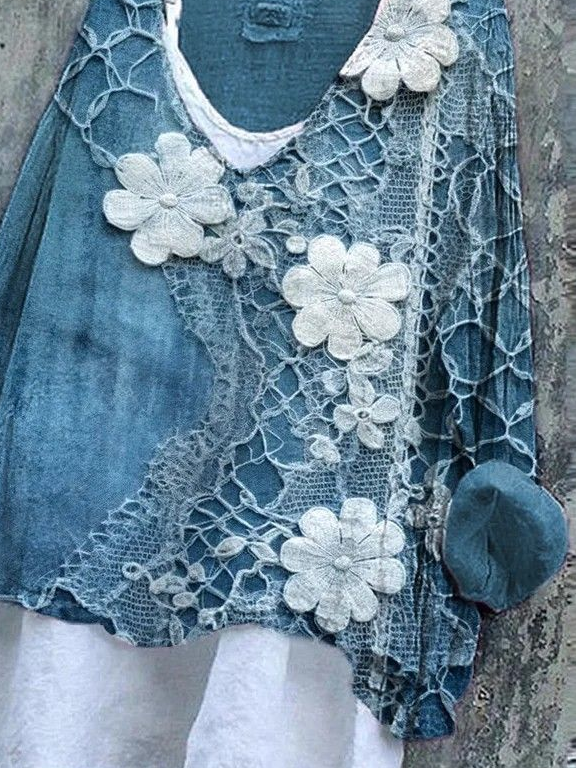 Women's Long Sleeve Blouse Spring/Fall Blue Floral Printing V Neck Daily Going Out Casual Top