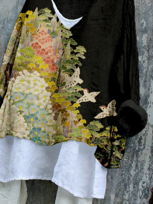 Women's Long Sleeve Blouse Spring/Fall Black Floral Printing V Neck Daily Going Out Casual Top