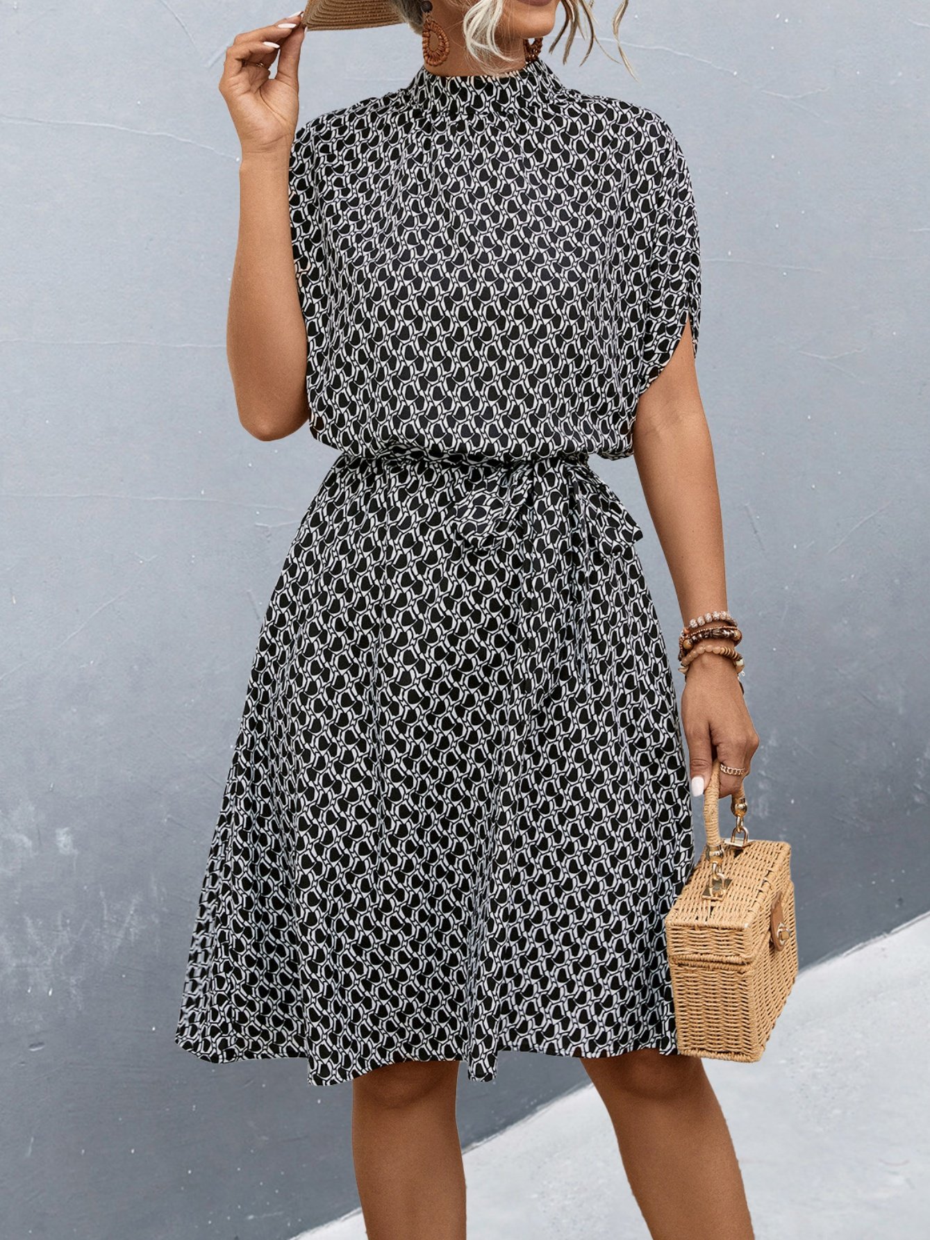 Women's Short Sleeve Summer Brown Geometric Split Joint Crew Neck Daily Going Out Vintage Midi A-Line Tunic Dress
