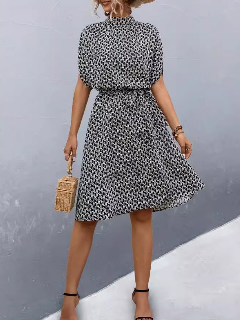 Women's Short Sleeve Summer Brown Geometric Split Joint Crew Neck Daily Going Out Vintage Midi A-Line Tunic Dress