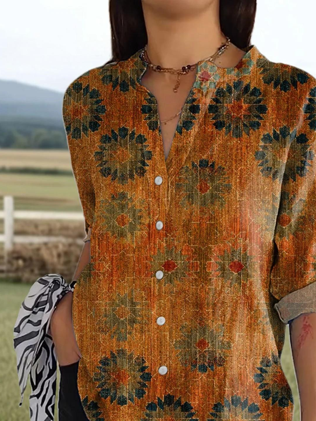 Women's Vintage Flower Art Print Casual Cotton Shirt