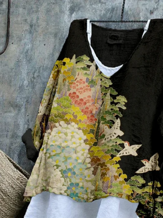 Women's Long Sleeve Blouse Spring/Fall Black Floral Printing V Neck Daily Going Out Casual Top