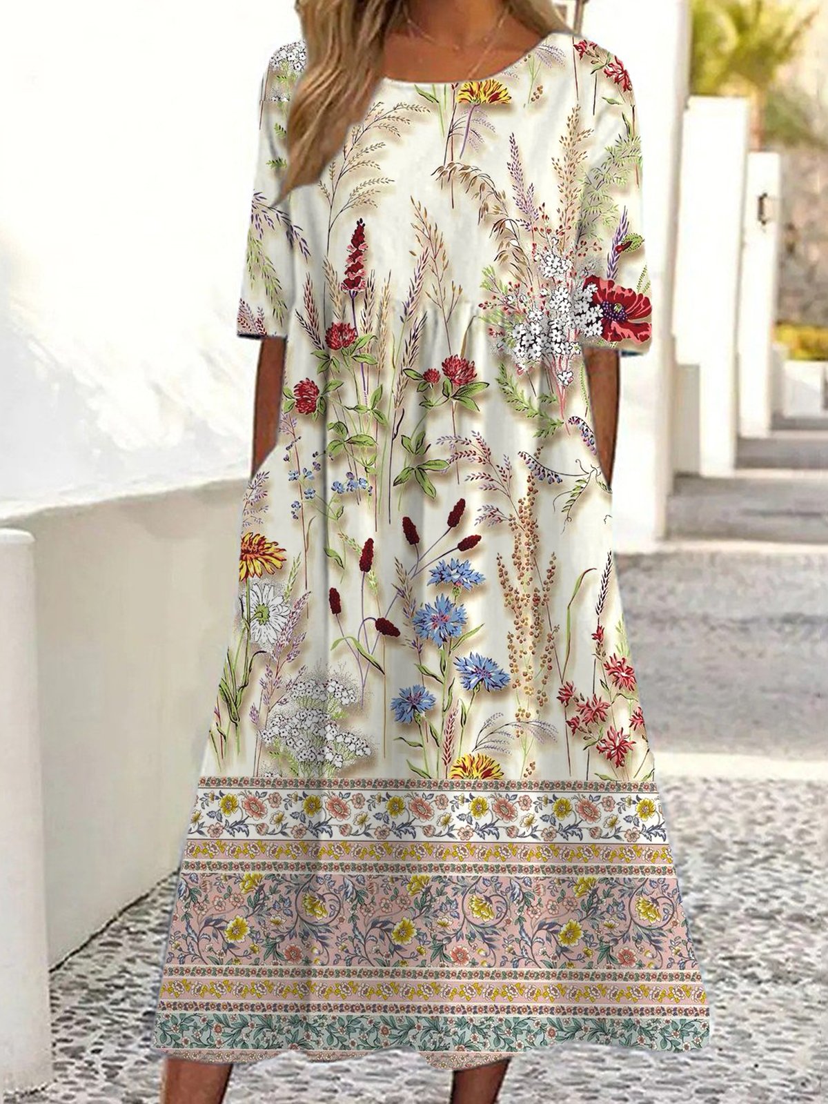 Loose Floral Casual Crew Neck Dress