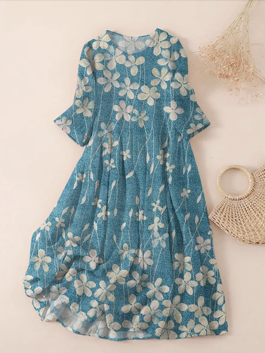 Casual Cotton Crew Neck Dress With No