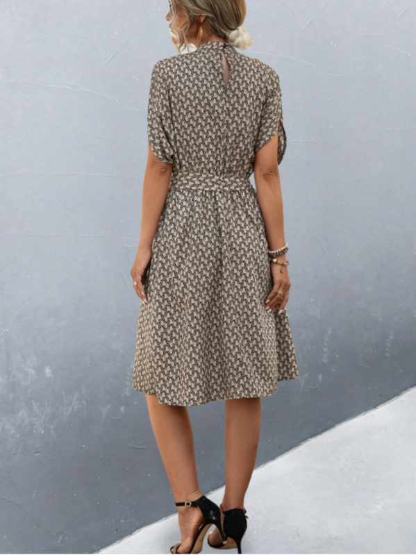 Women's Short Sleeve Summer Brown Geometric Split Joint Crew Neck Daily Going Out Vintage Midi A-Line Tunic Dress