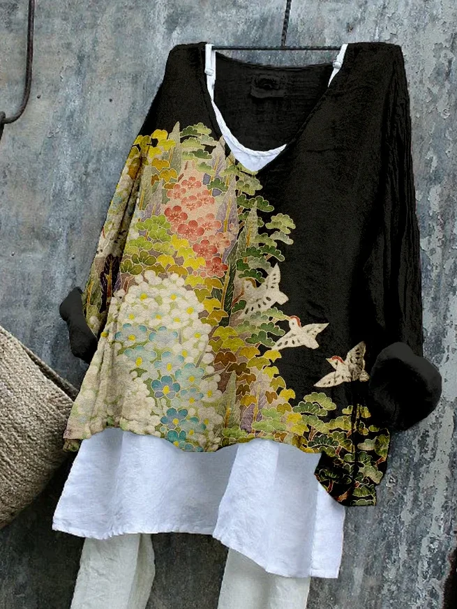 Women's Long Sleeve Blouse Spring/Fall Black Floral Printing V Neck Daily Going Out Casual Top