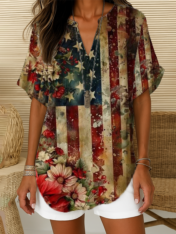 Women's Independence Day Floral Print Casual V-Neck Short Sleeve Shirt