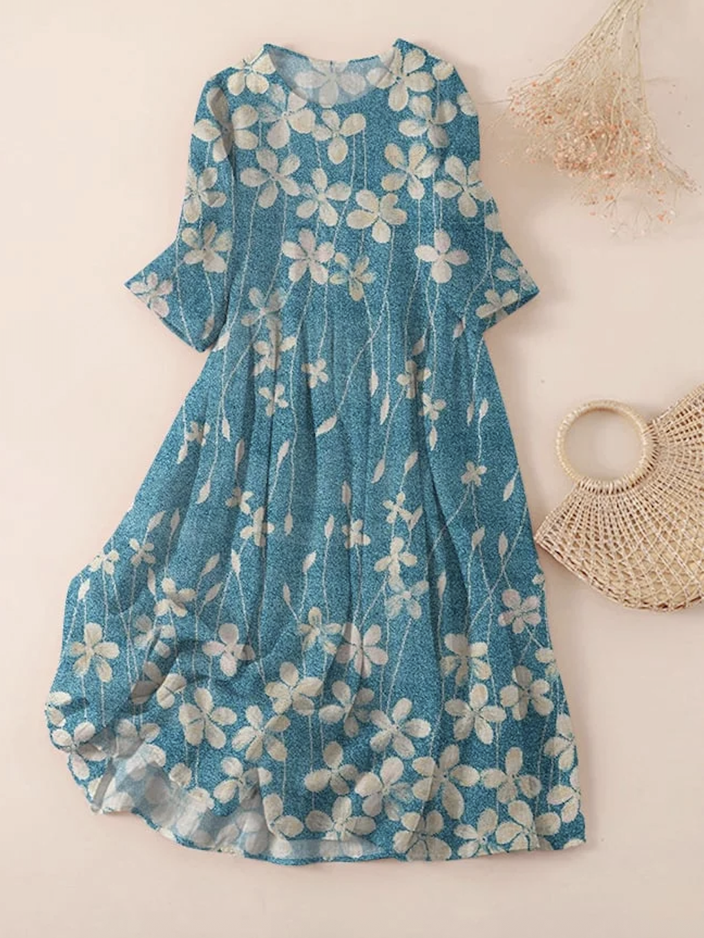 Casual Cotton Crew Neck Dress With No