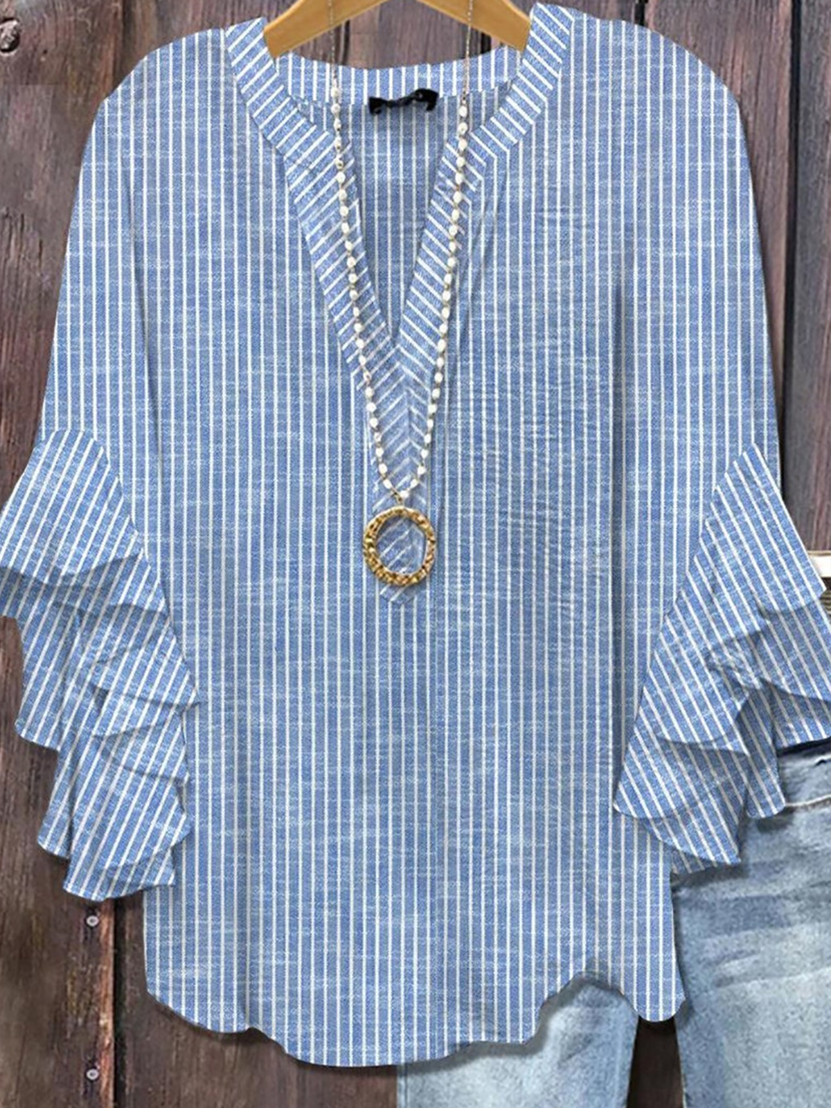 Casual Regular Fit Striped V Neck Blouse