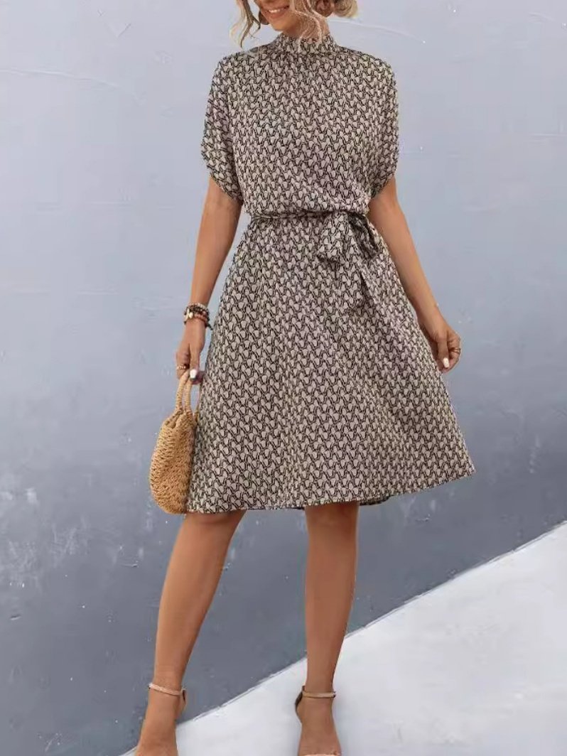 Women's Short Sleeve Summer Brown Geometric Split Joint Crew Neck Daily Going Out Vintage Midi A-Line Tunic Dress