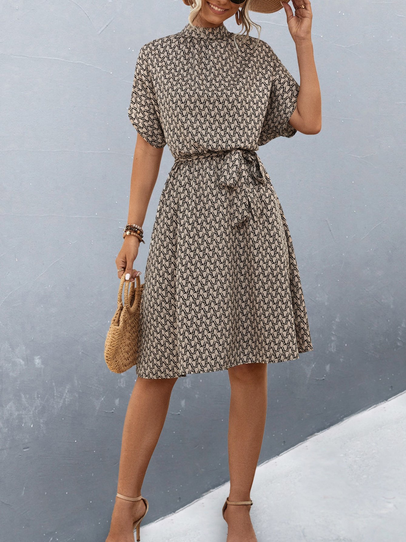 Women's Short Sleeve Summer Brown Geometric Split Joint Crew Neck Daily Going Out Vintage Midi A-Line Tunic Dress