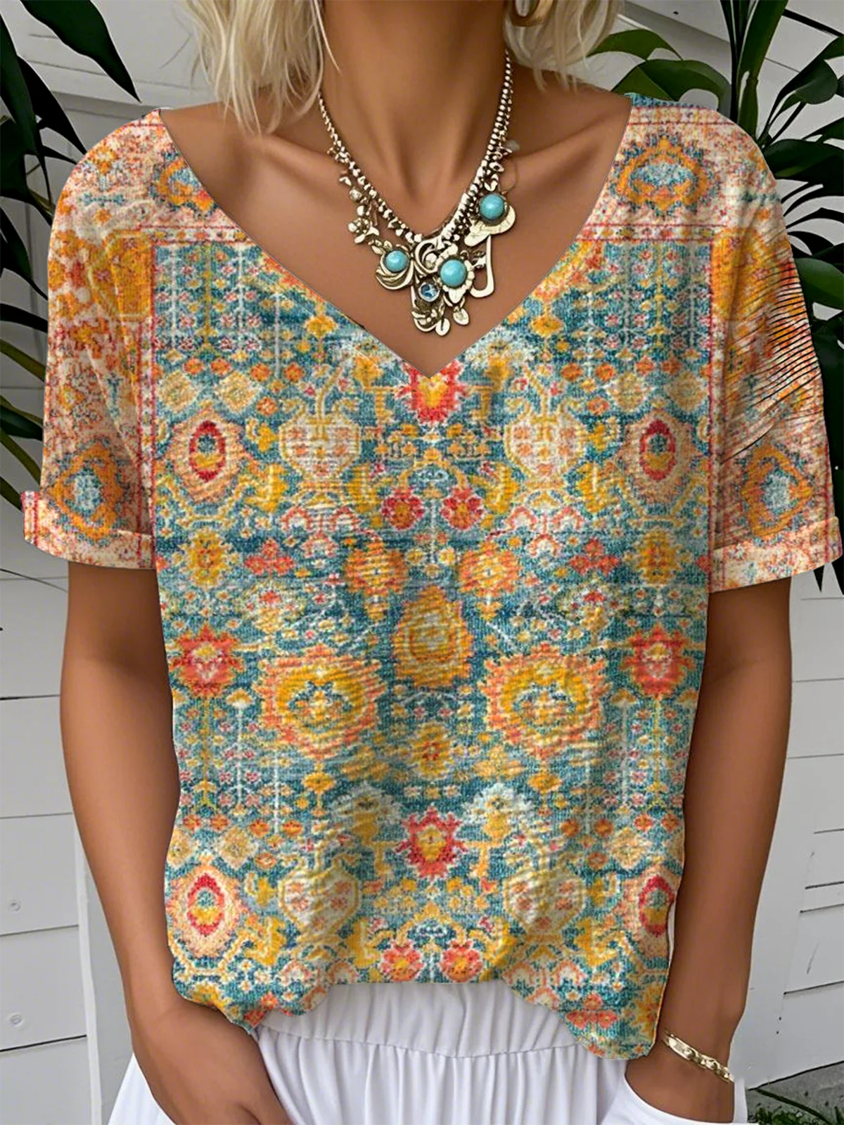 Casual Ethnic Geometry V Neck T-Shirt