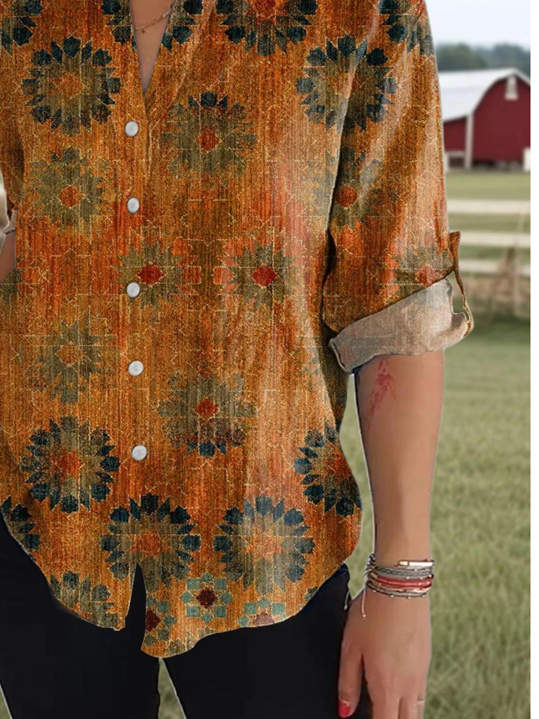 Women's Vintage Flower Art Print Casual Cotton Shirt