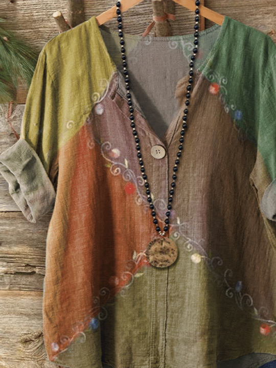 Women's Vintage Floral Art Print Button-Down Shirt