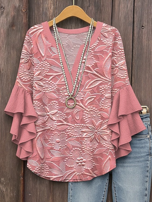 Women's Bohemian Pattern V-Neck Multi-Layered Lace Shirt