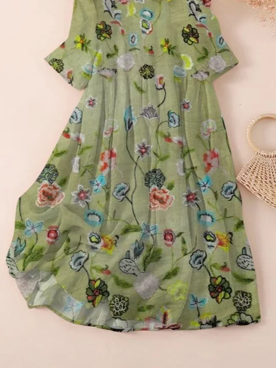 Women's Three Quarter Sleeve Spring/Fall Green Floral Printing Crew Neck Daily Going Out Casual Maxi H-Line Classic Dress