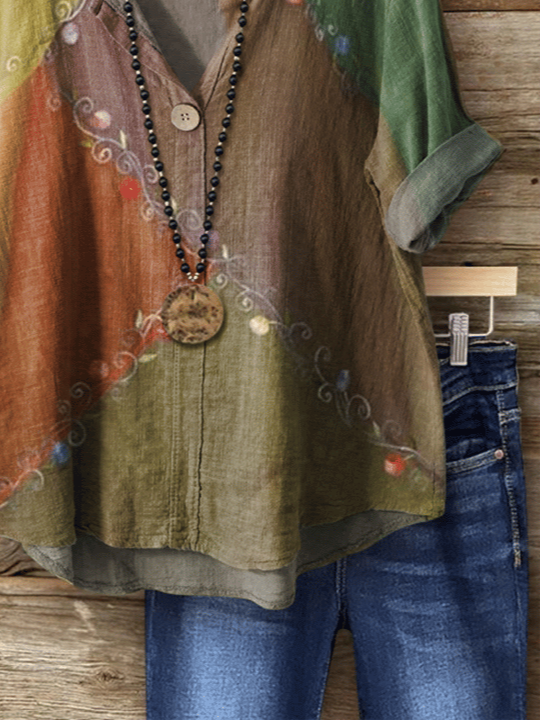 Women's Vintage Floral Art Print Button-Down Shirt