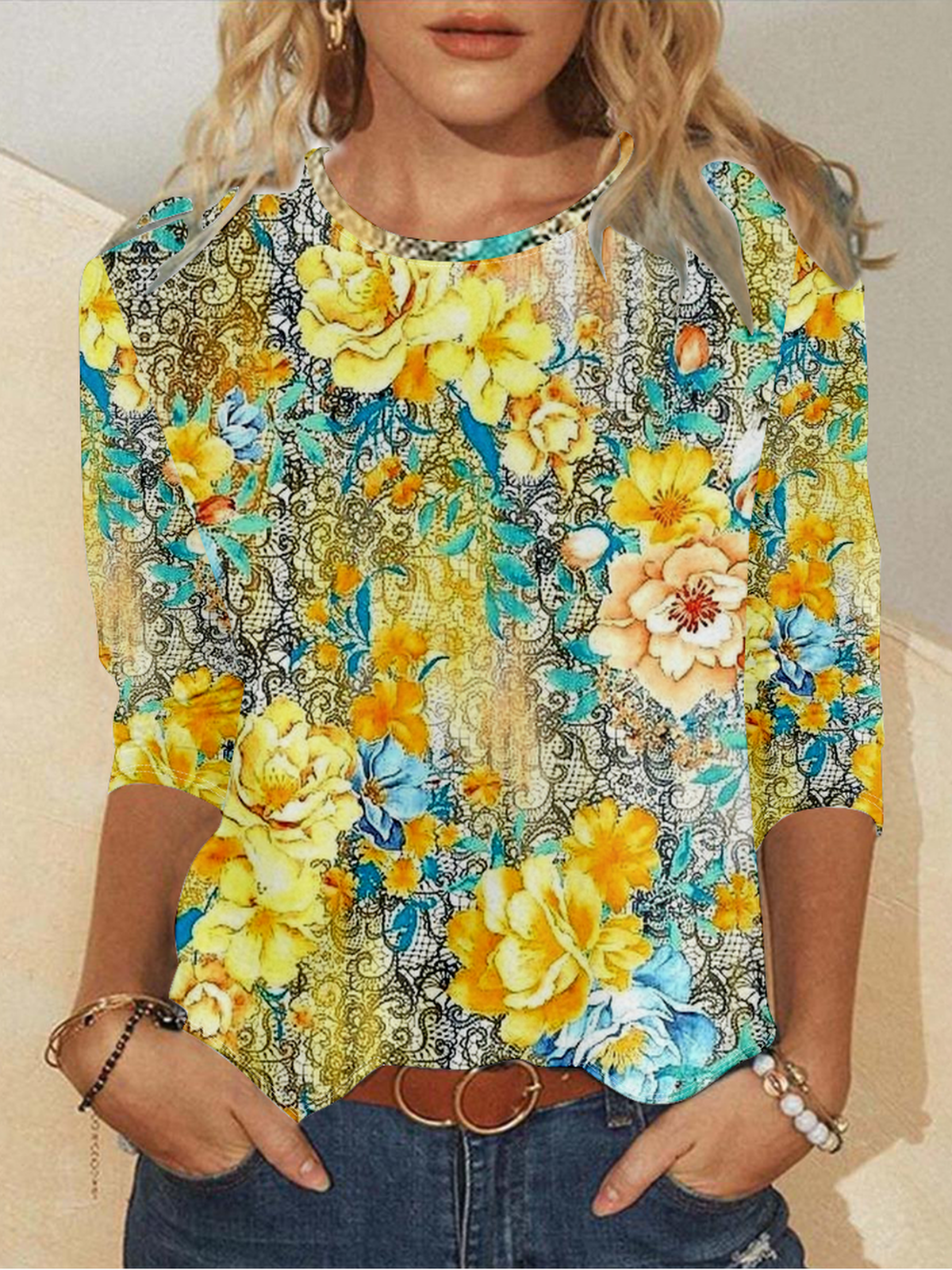 Casual Crew Neck Loose Floral T-Shirt