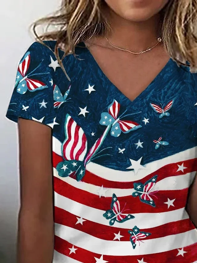 Women's Short Sleeve T-shirt Summer As Picture Independence Day (Flag) Printing V Neck Daily Going Out Casual Top