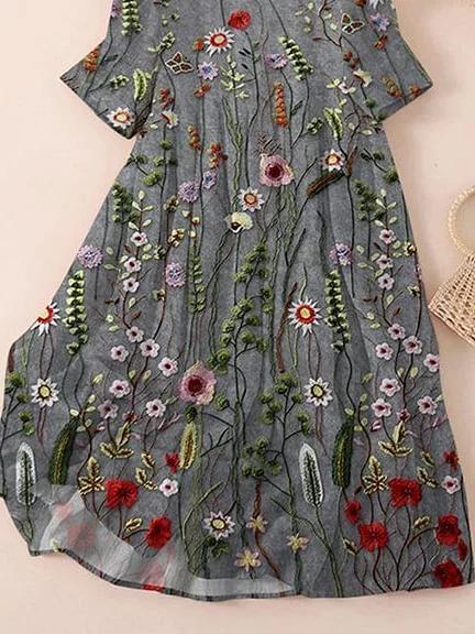 Women's Three Quarter Sleeve Spring/Fall Gray Floral Printing Crew Neck Daily Going Out Casual Maxi H-Line Classic Dress