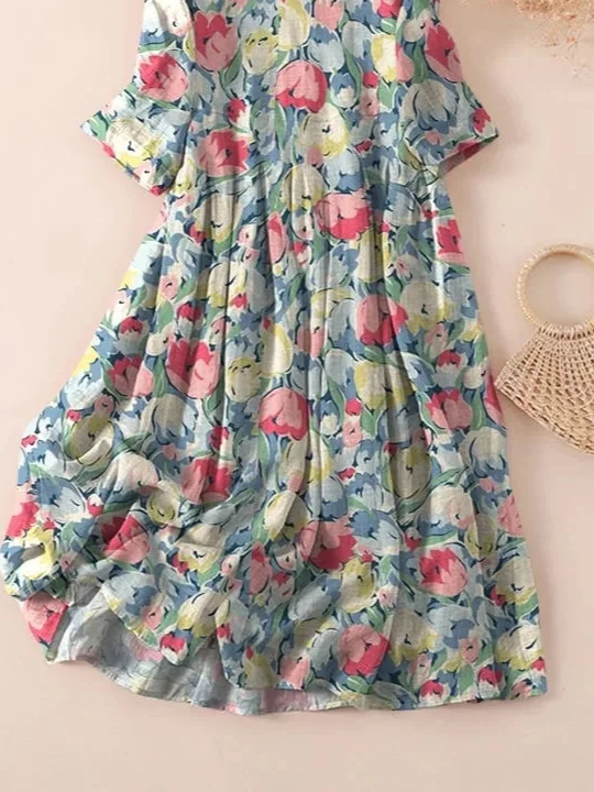 Women's Three Quarter Sleeve Spring/Fall Blue Floral Printing Crew Neck Daily Going Out Casual Maxi H-Line Classic Dress