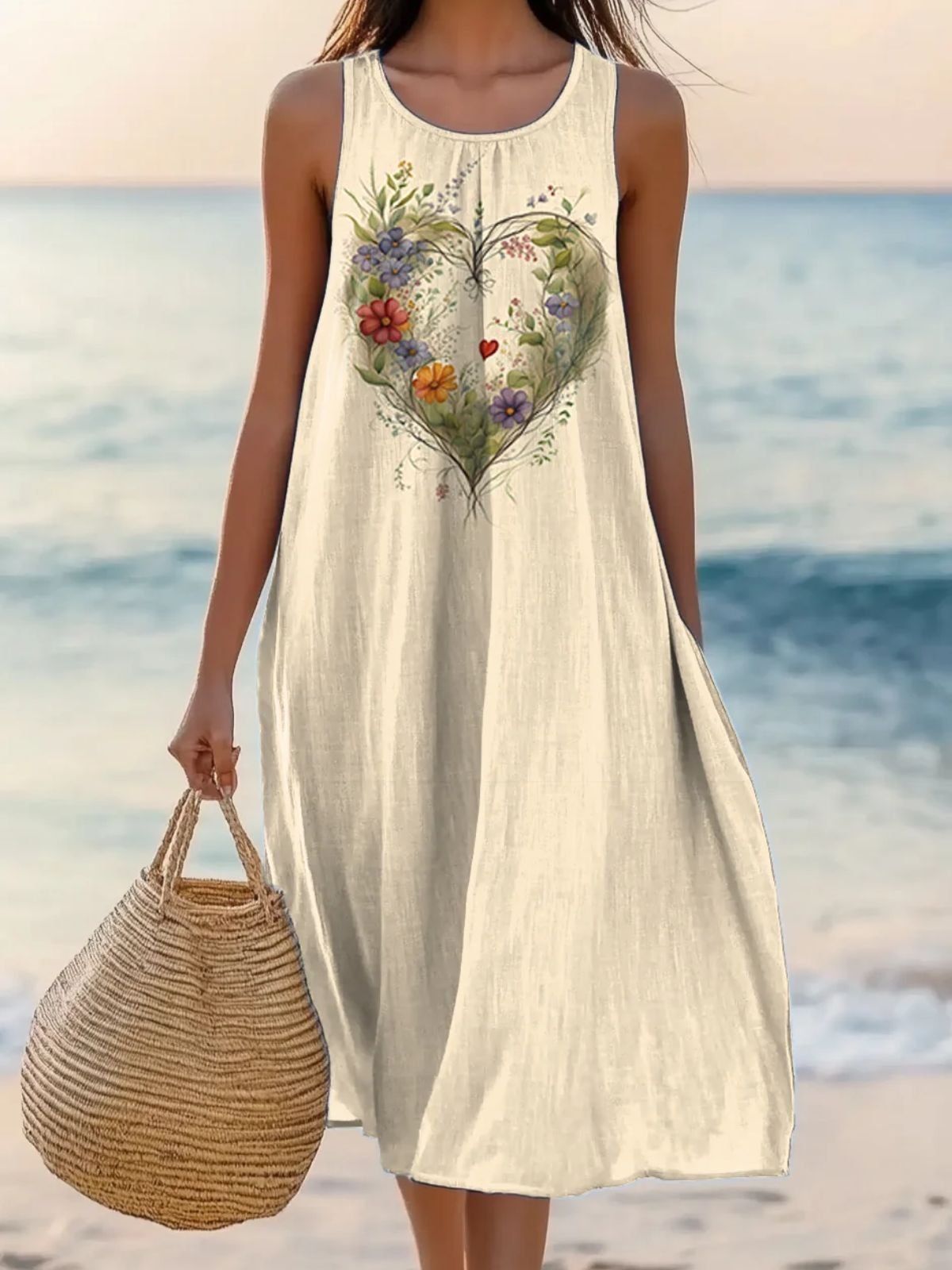 Crew Neck Casual Plants Regular Fit Dress With No